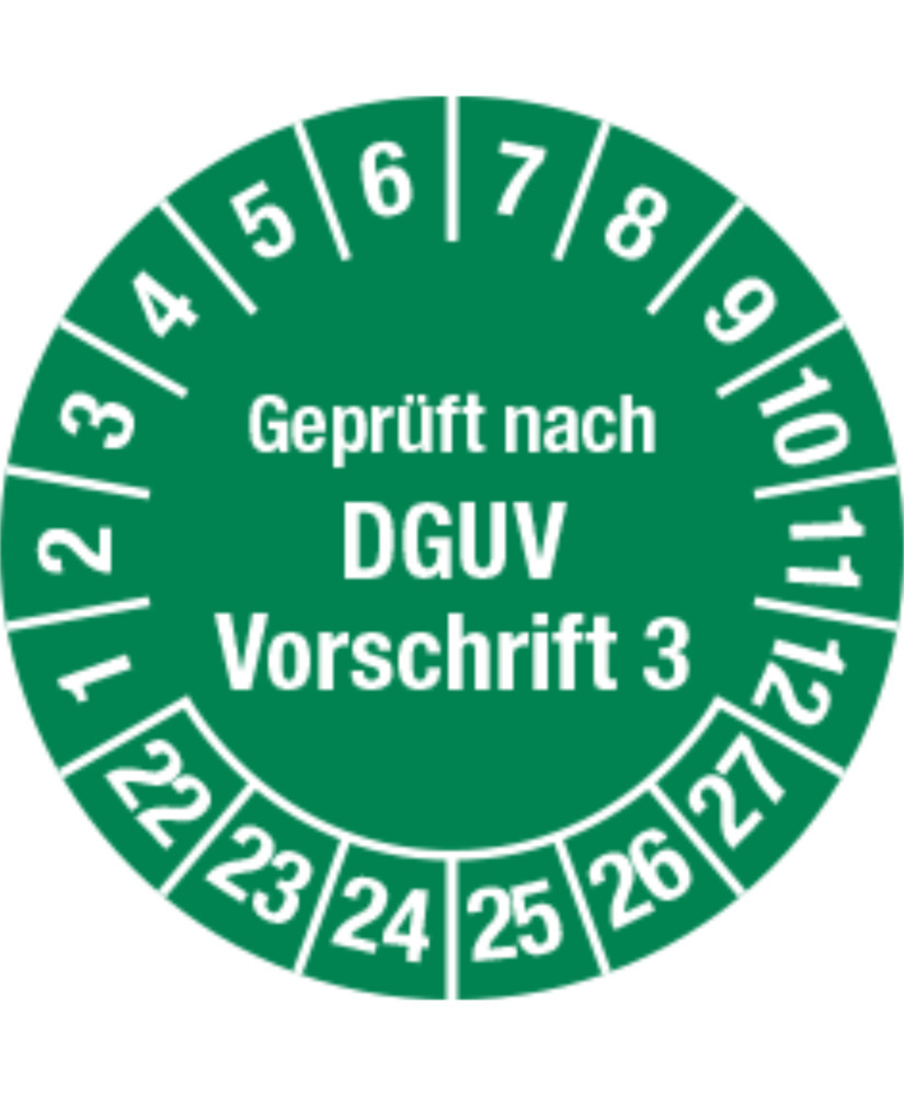 Prüfplakette "Geprüft nach DGUV", 22 - 27, grün, Folie, SK, 20 mm, VE = 3 Bogen à 36 Stück