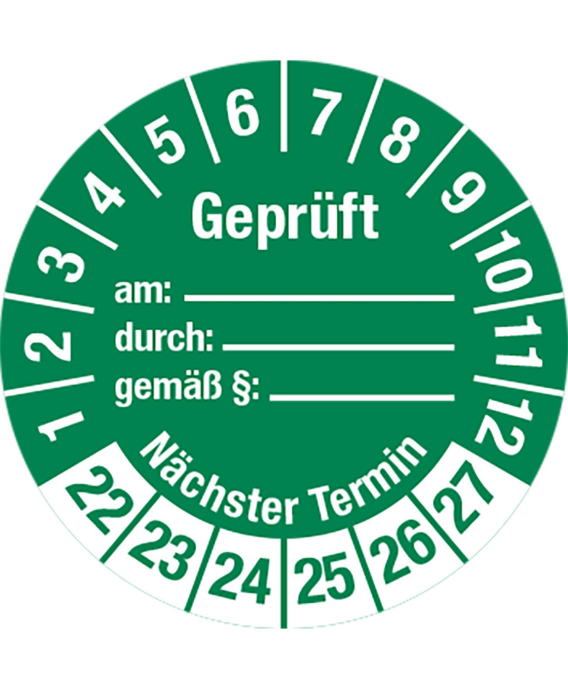 Prüfplakette "Geprüft am/Nächster Termin", 22 - 27, grün, Folie, SK, 30 mm, VE = 5 Bogen à 15 Stück
