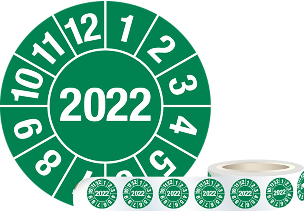 Test sticker 2022, green, foil, self-adhesive, 30 mm, Pack = 1 roll of 1000 labels