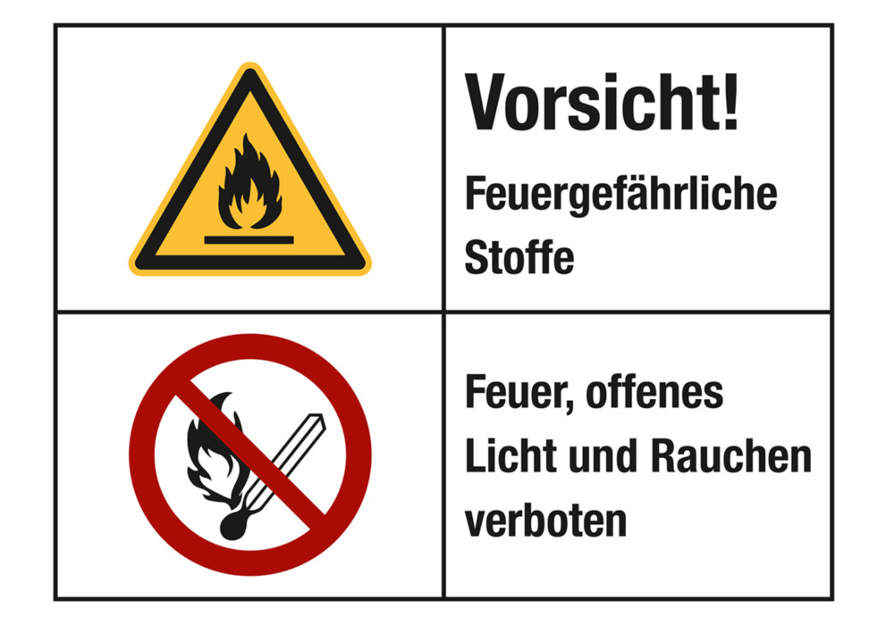 Warnschild Kombi "Feuergefährl. Stoffe/Feuer Verboten", ISO 3864, Folie ...