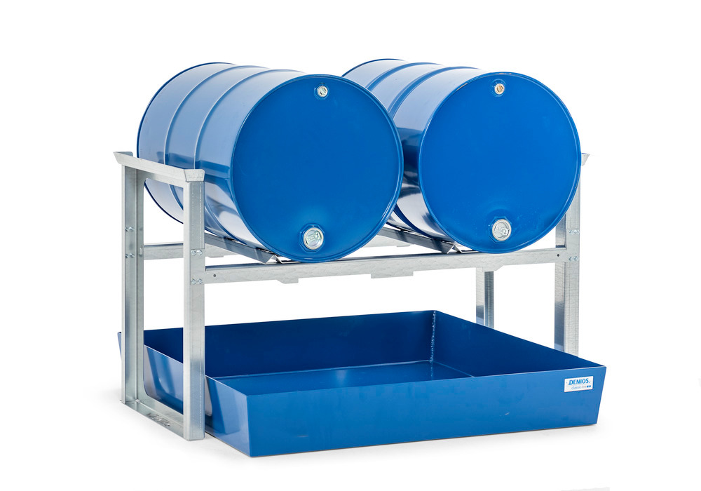 Drum rack/dispensing station for 2 x 205 litre drums, with steel spill tray,1429 x 1210 x 837 mm