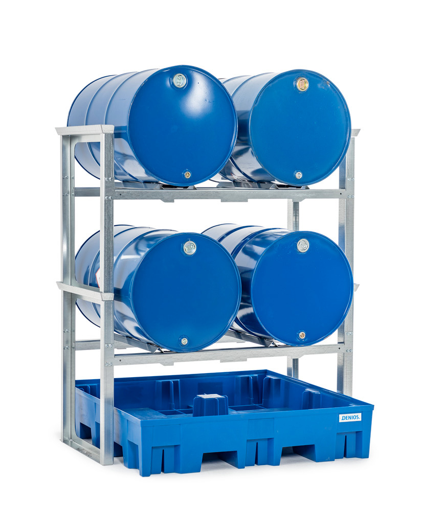 Drum rack/dispensing station for 4 x 200 litre drums, with plastic spill tray,1429 x 1235 x 1637 mm