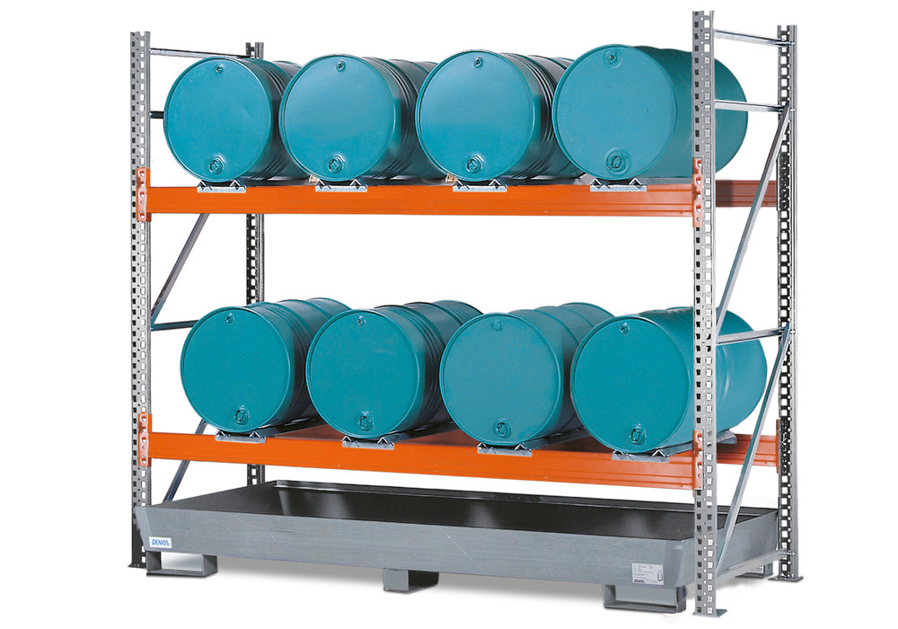 Combi shelves 2 L8-I for 8 drums each holding 205 litres, with a galvanized sump, starter module