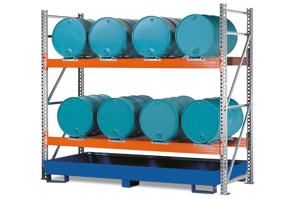 Combi shelves 2 L8-I for 8 drums each holding 205 litres, with a painted sump, starter module