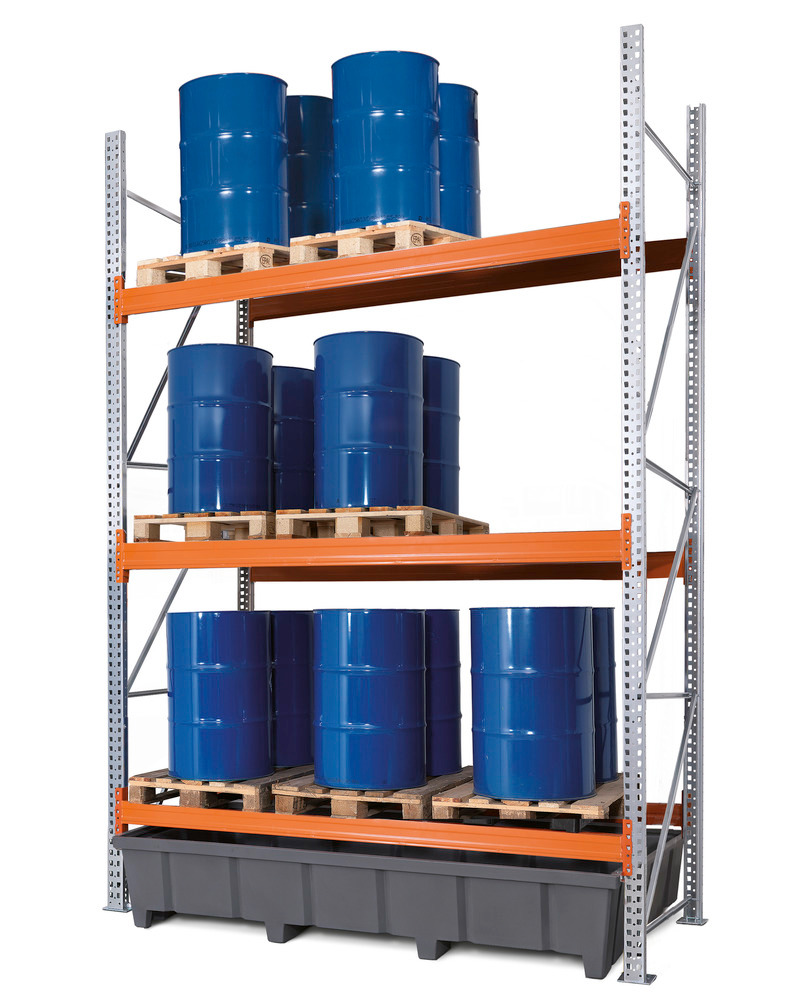 Pallet racking PRP 27.37 for 9 Euro or 6 chemical pallets, with 3 storage levels, basic system