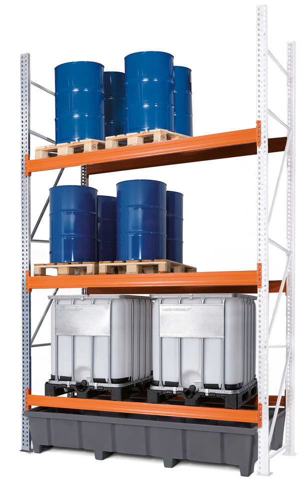 Pallet racking PRP 27.44 for 9 Euro or 6 chemical pallets or 6 IBCs, with 3 storage levels, extensio