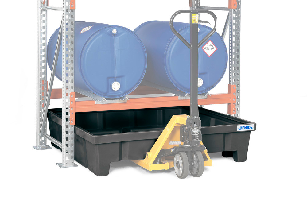 The PE containment racking can easily be transported indoors using a forklift