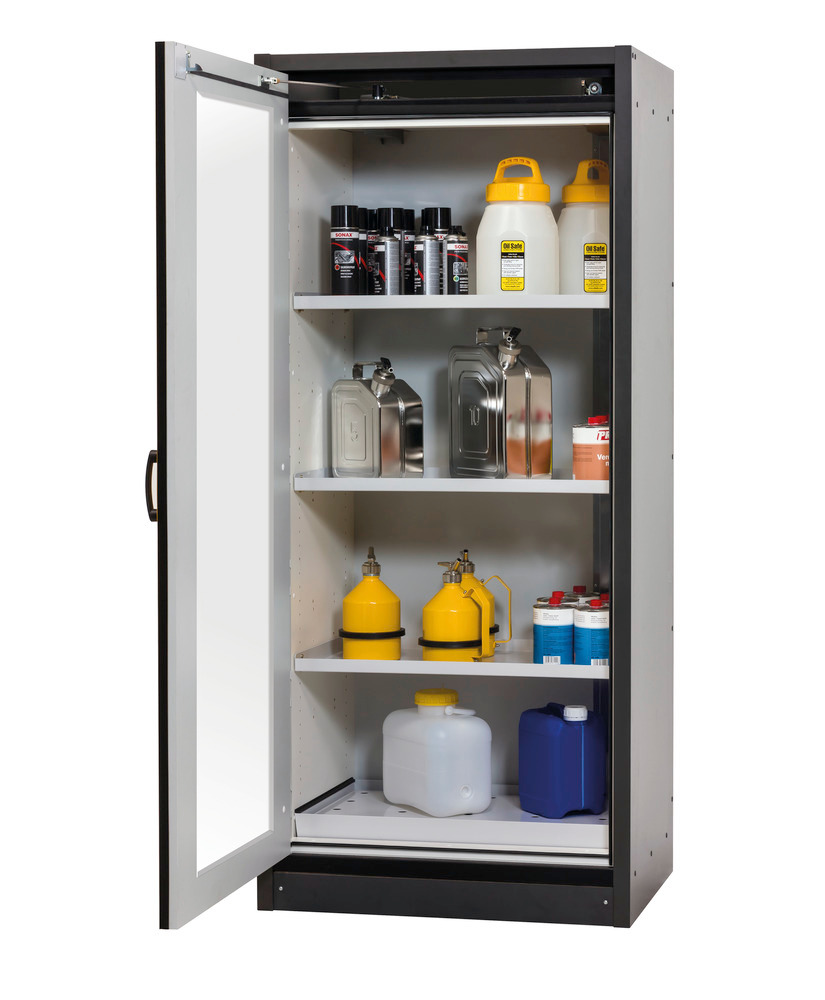 The cabinets are available with either shelves or slide-out spill trays