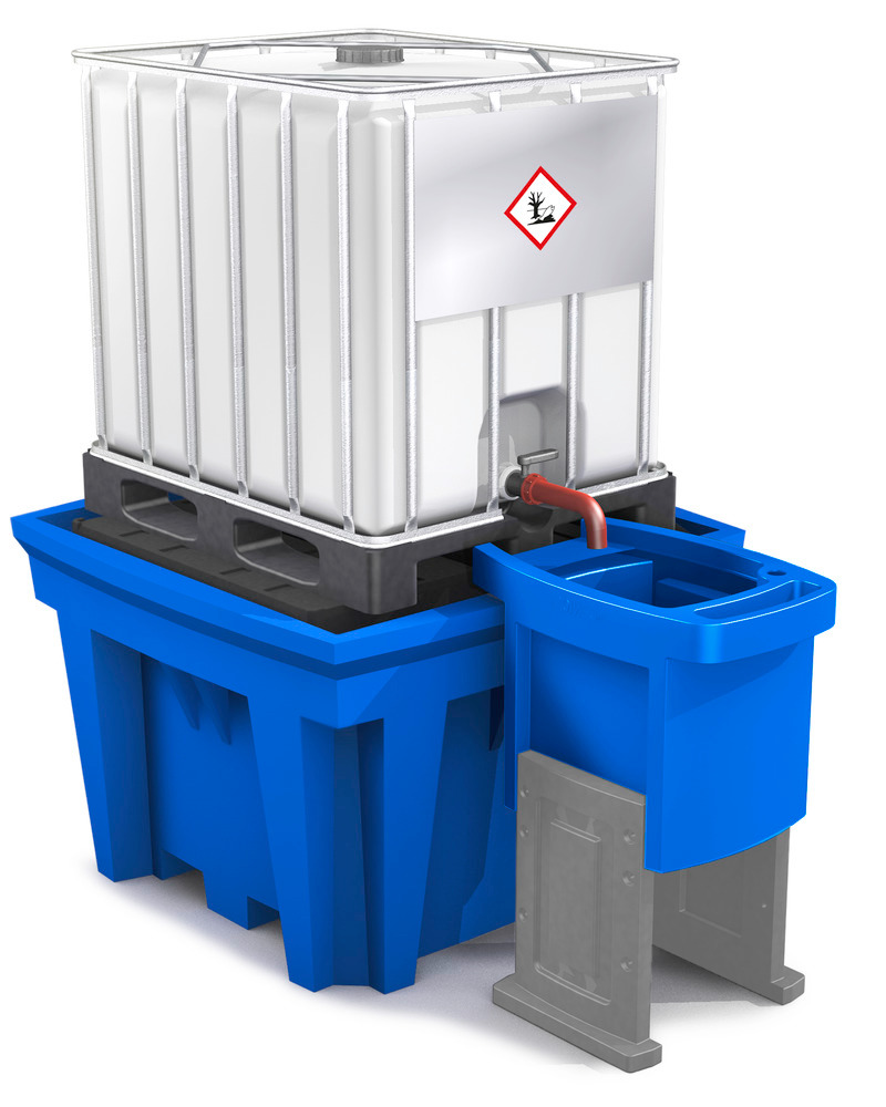 Højdejusterbar beholder til sikker aftapning ved IBC-opsamlingskar, med praktisk opbevaringsplads til f.eks. låg, tragt, handsker eller klude