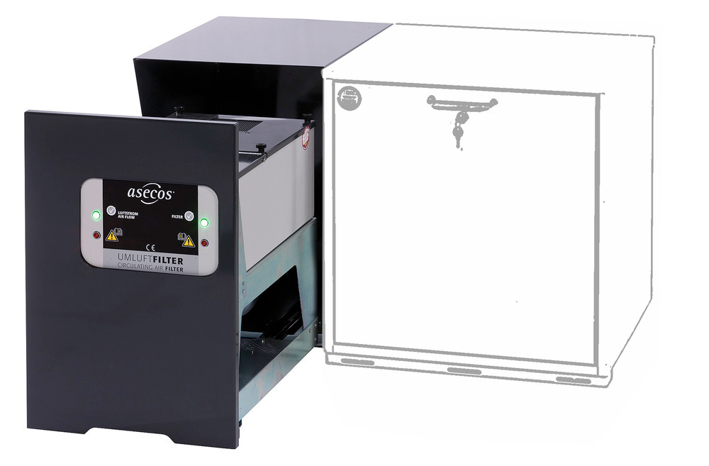 The recirculating air filter is designed for the pressure and flow required for underbench cabinets. It is attached in a housing unit (W 420, D 615 mm) directly to the underbench cabinet. Suitable for models with height 600 mm + mobile base and depth 574 mm