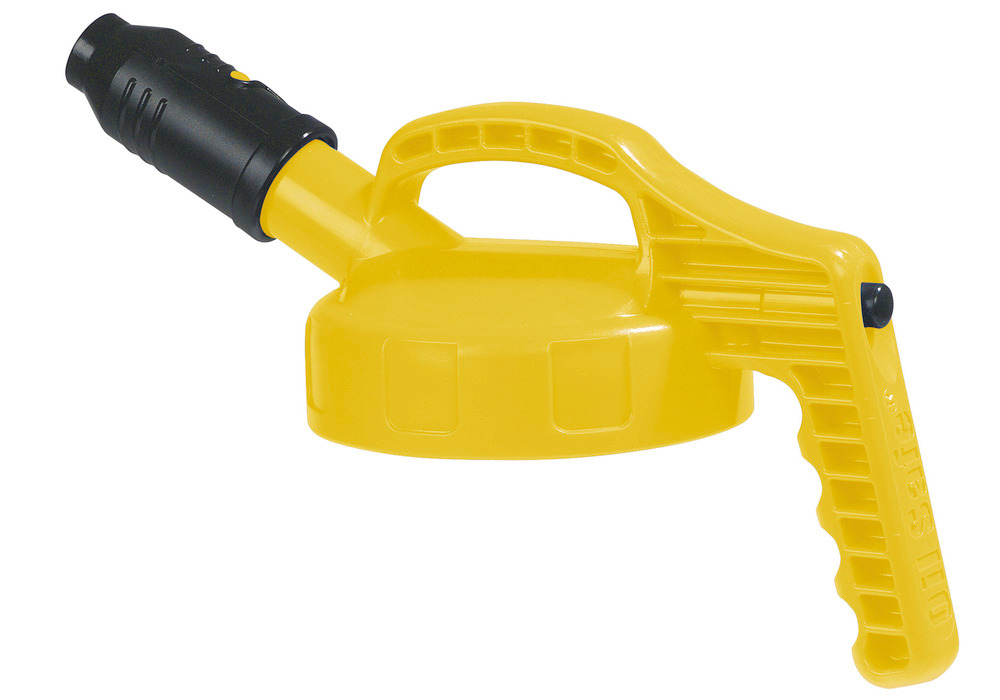Tapa funcional para recipientes para líquidos, con desagüe corto, amarillo