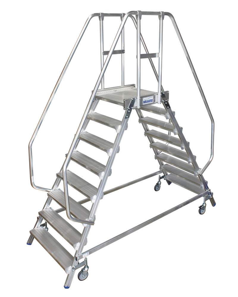 Podest-Leiter aus Aluminium, fahrbar, 2 x 8 Stufen, beidseitig besteigbar
