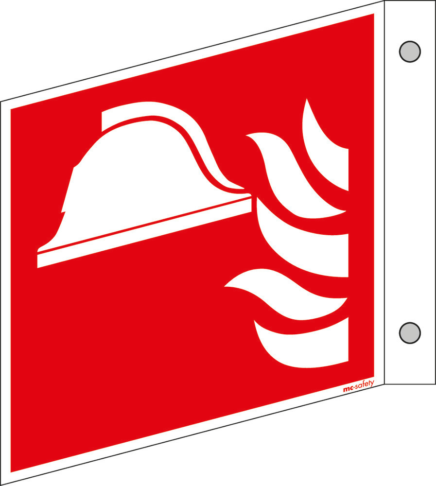 Segnale a bandiera “Dispositivi antincendio”, ISO 7010, alluminio, fotol., 150x150 mm, conf. 5 pz.