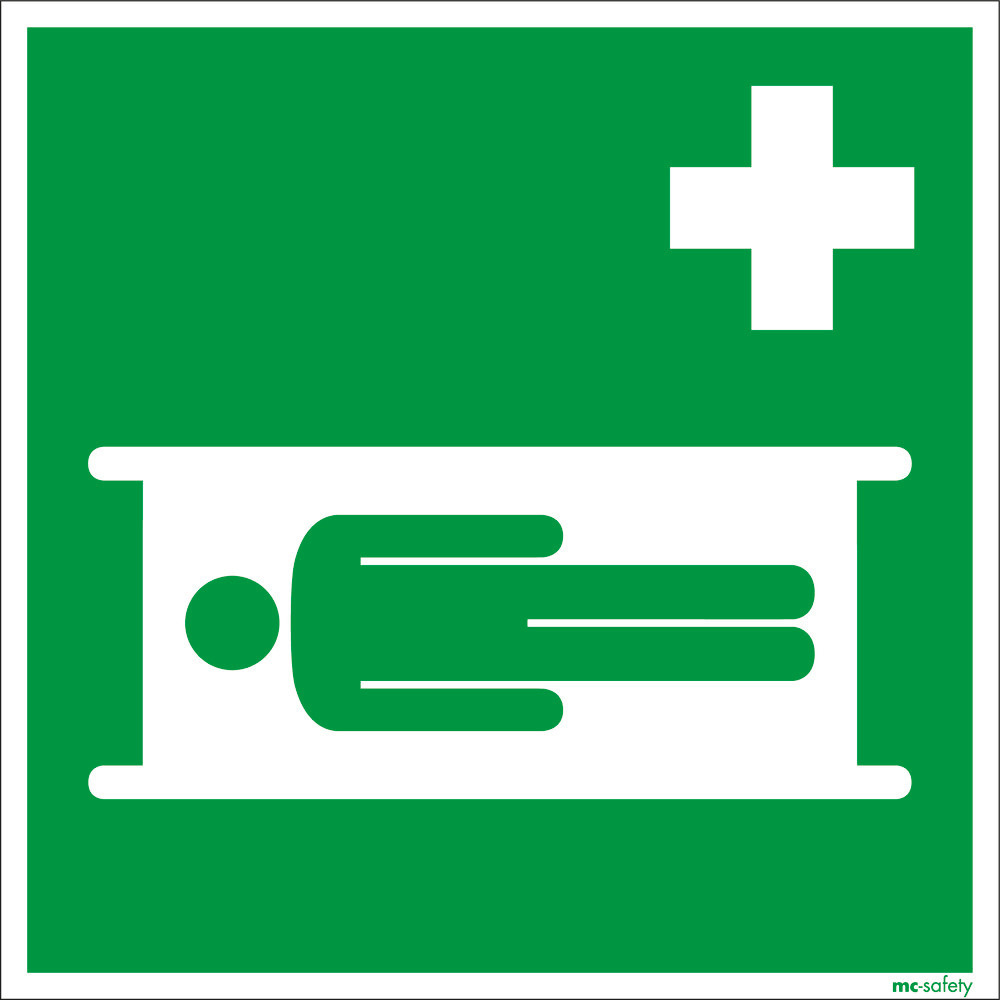 Rettungsschild "Krankentrage", ISO 7010, Aluminium, langnachleuchtend, 150 x 150 mm, VE = 10 Stück