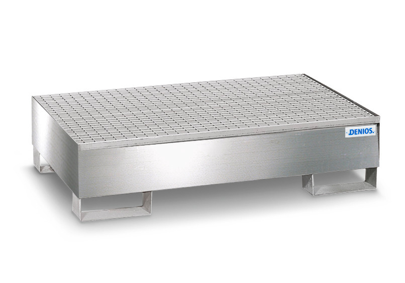 Spill pallet pro-line in st steel for 2 drums, access. underneath, with galvanised grid 850x1342x325
