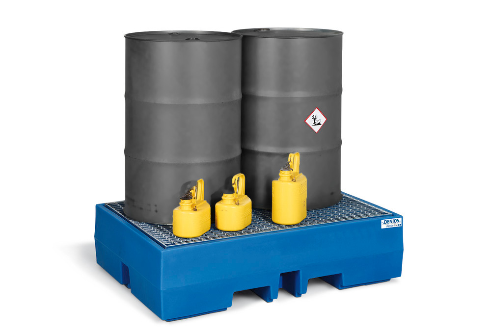 Spill pallet classic-line in polyethylene (PE) for 2 drums, with galvanised grid, 900x1300x350