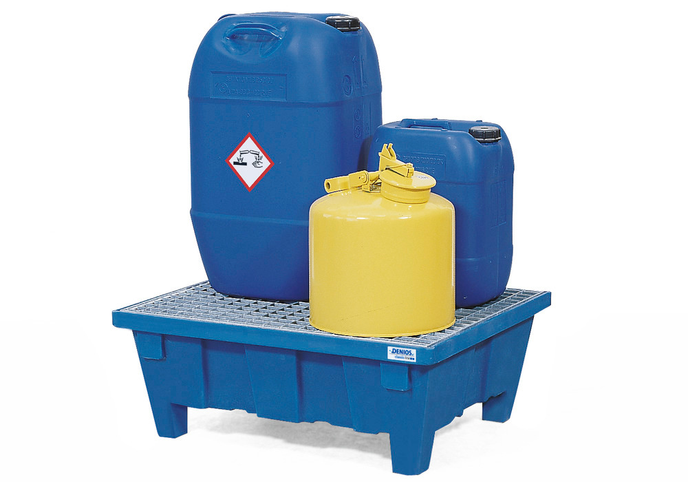 Spill tray for small containers classic-line in polyethylene (PE) with feet and galv. grid, 71 litre