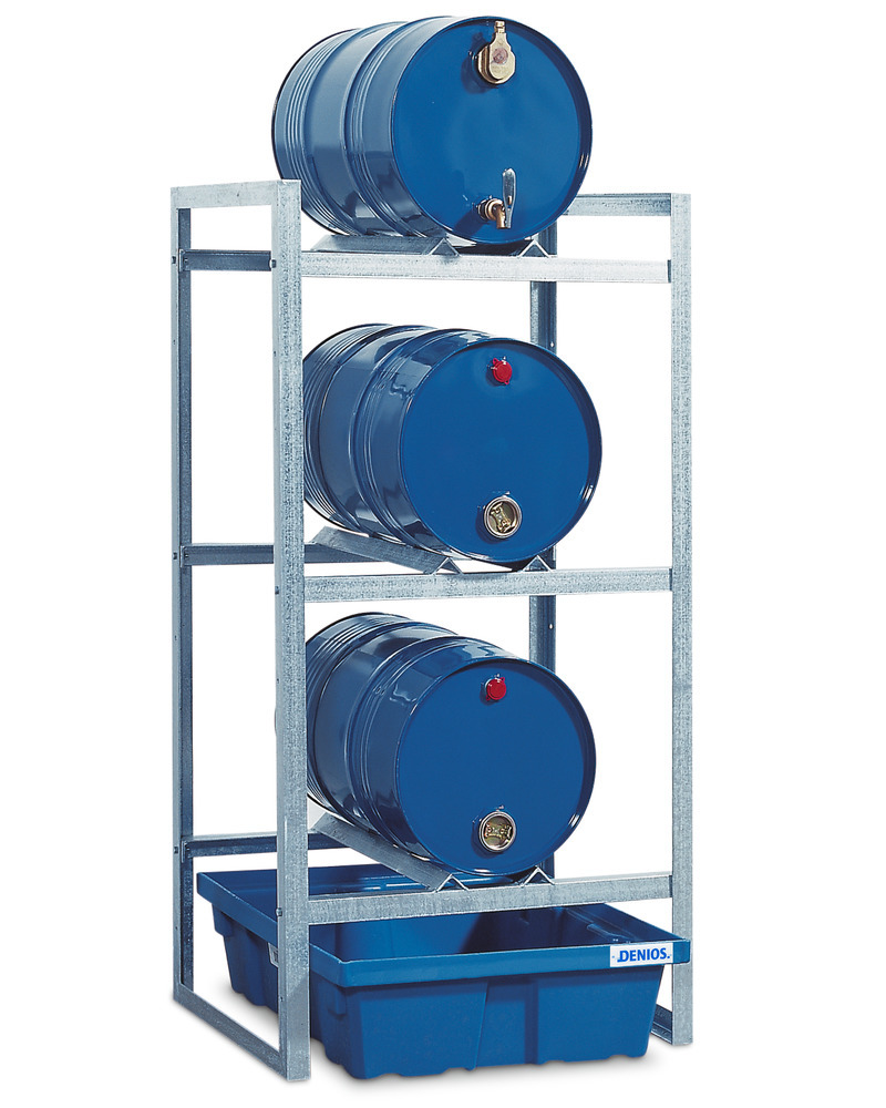 Drum rack FR-K 3-60 for 3 x 60 litre drums, with spill pallet in polyethylene (PE)