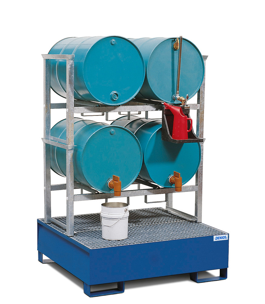 Tromlereol AWS 10 til 4 tromler à 200 liter, opsamlingskar af stål,  400 l, lakeret, PE-kandeholder