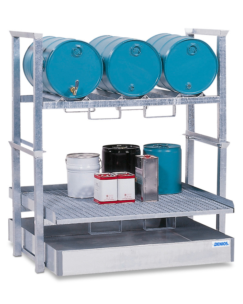 Reol til fat og kanner AWS 4 til 3 fat à 60 liter og småkanner, oppsamlingskar i stål