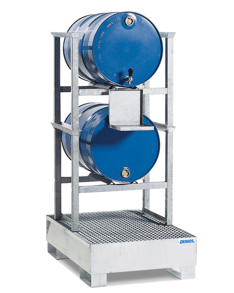 Drum rack AWS 9 for 2 x 205 litre drums, spill pallet in steel, galvanised dispensing tray
