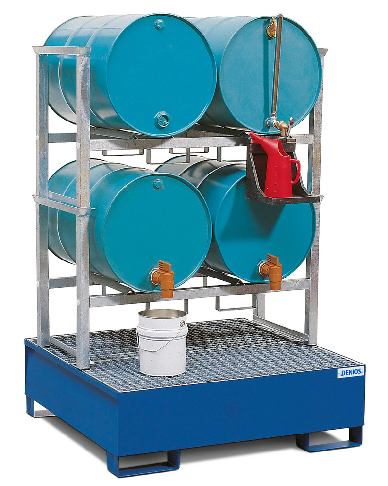 Drum rack AWS 10 for 4 x 205 litre drums, spill pallet in steel - 205 l, painted, PE dispensing tray