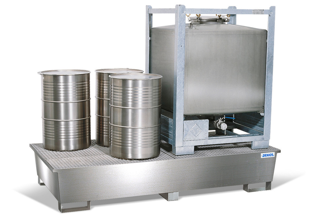 Spill pallet pro-line in st steel for 2 IBCs, with st steel grid