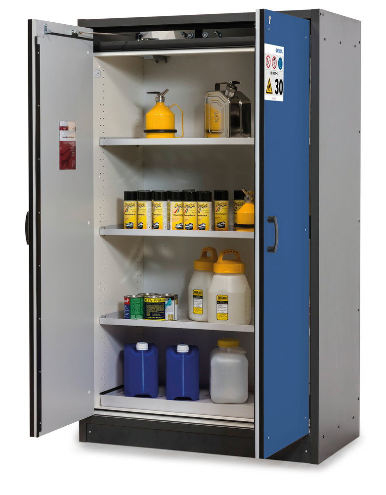 asecos fire-rated hazardous materials cabinet Basis-Line, anthracite/blue, 3 shelves, Model 30-123