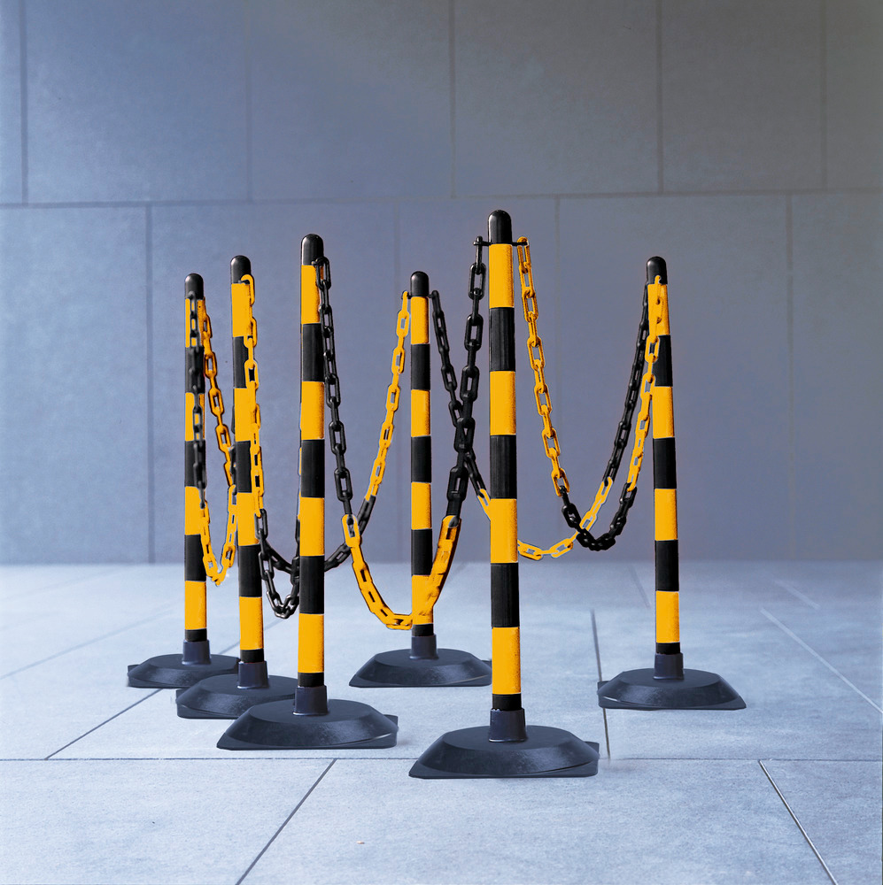 Kit de délimitation: 6 poteaux 870mm, chaîne 10 m, socles carrés en caoutchouc dur, jaune/noir
