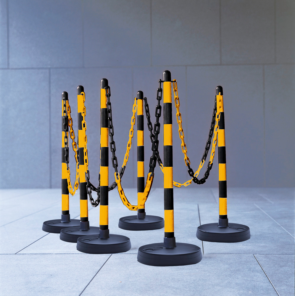 Chain barrier post set, 6 pcs, 870 mm, 10 m chain, yell/blck, round plastic base, can be filled