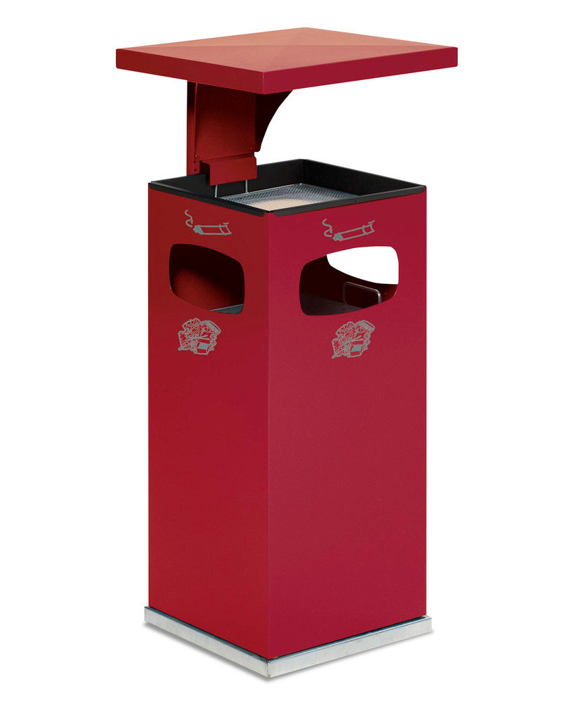 Combi waste bin / ashtray in steel, with removable cover f weather protection, 38l volume, red