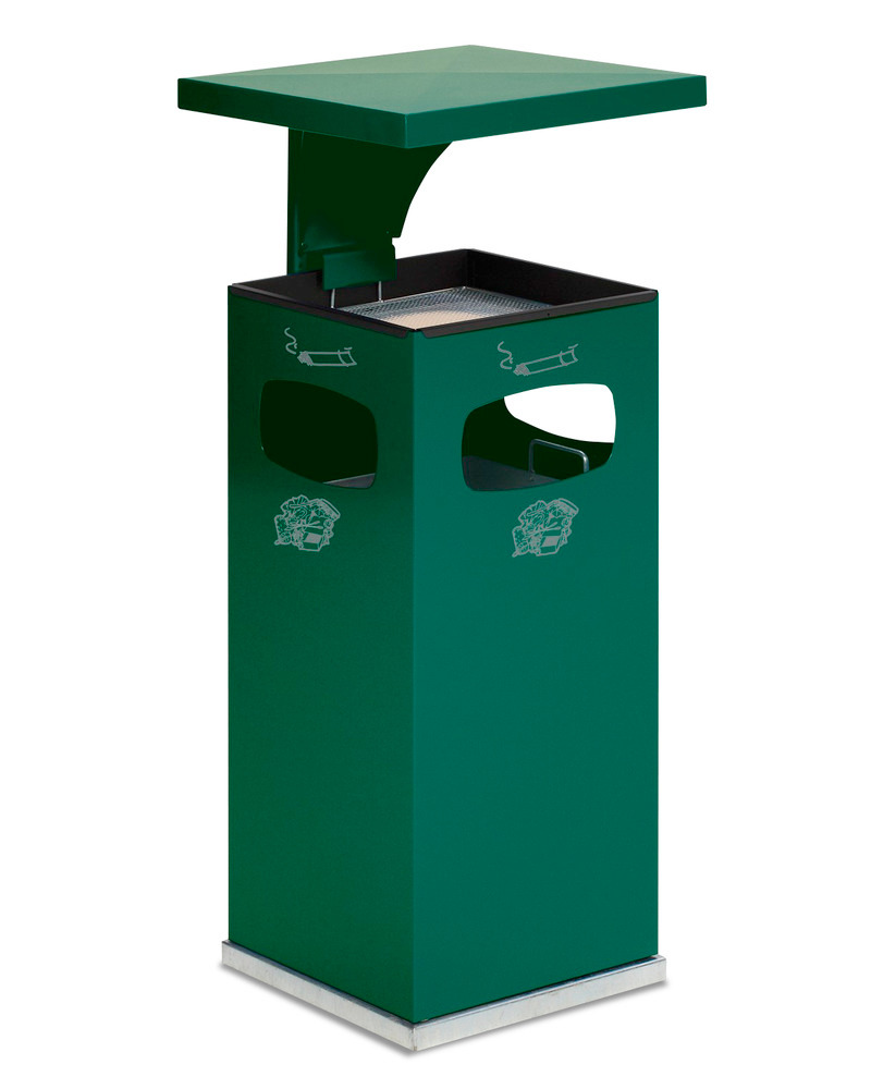 Odpadková nádoba s popelníkem z oceli, s odnímatelným povětrnostně odolným krytem, obj. 38 l, zelená