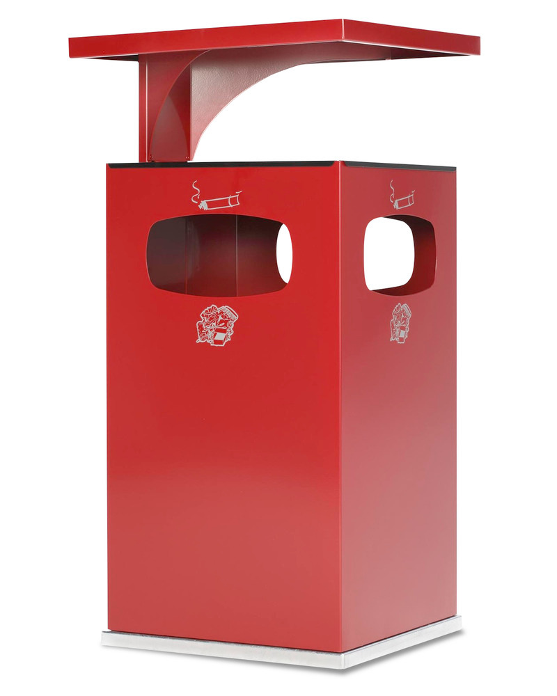 Combi waste bin / ashtray in steel, with removable cover f weather protection, 72l volume, red