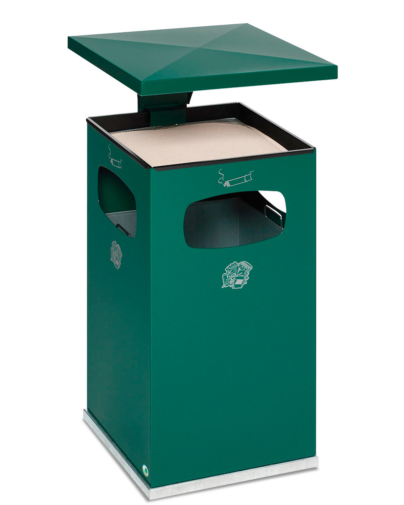 Kombinert askebeger-avfallsbeholder av stål, med avtakbar overdekning, 72 liters volum, grønn