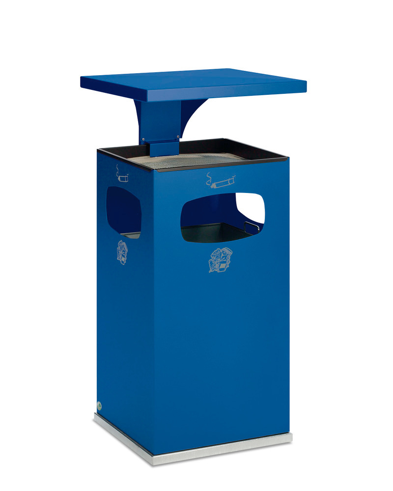 Kombinert askebeger-avfallsbeholder av stål, med avtakbar overdekning, 72 liters volum, blå