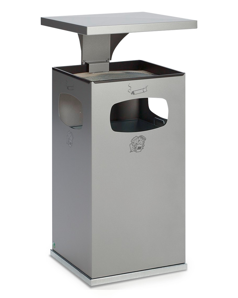 Combi waste bin / ashtray in steel, with removable cover f weather protection, 72l volume, silver