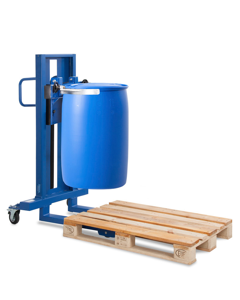 Drum lifter Servo, drum clamp, 205 to 220 litre drums, narrow chassis, lift height 120-520 mm