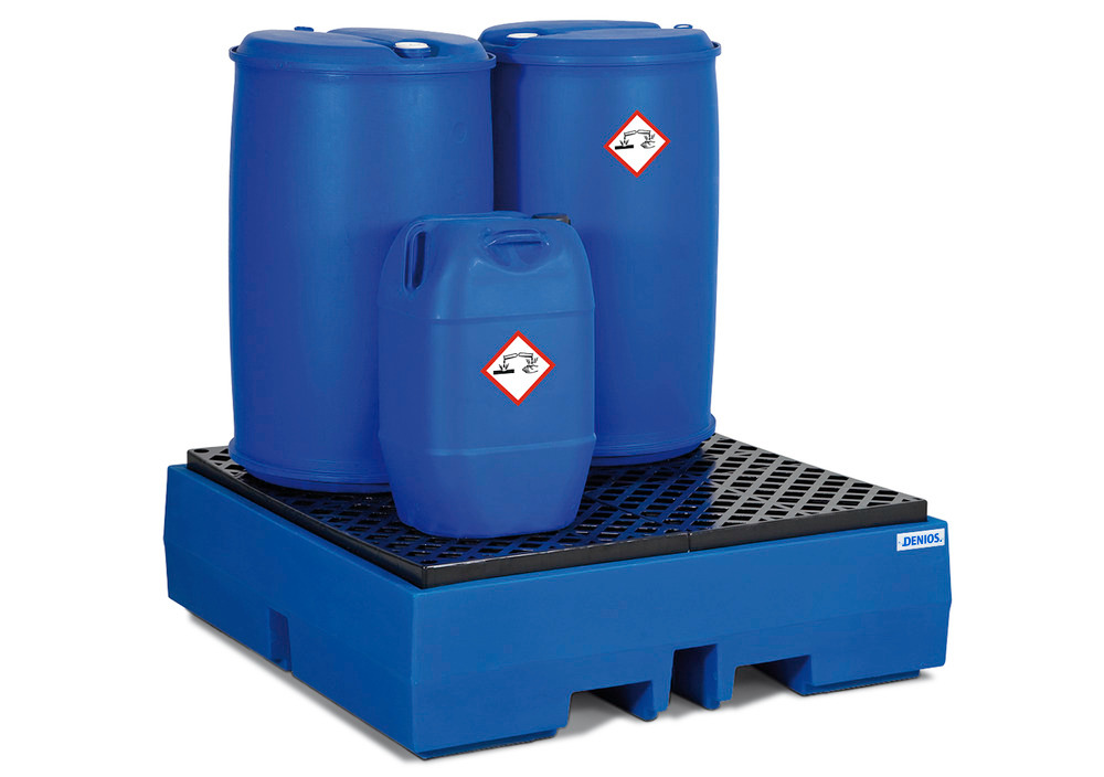 Spill pallet classic-line in polyethylene (PE) for 4 drums, with PE grid, 1300x1300x375