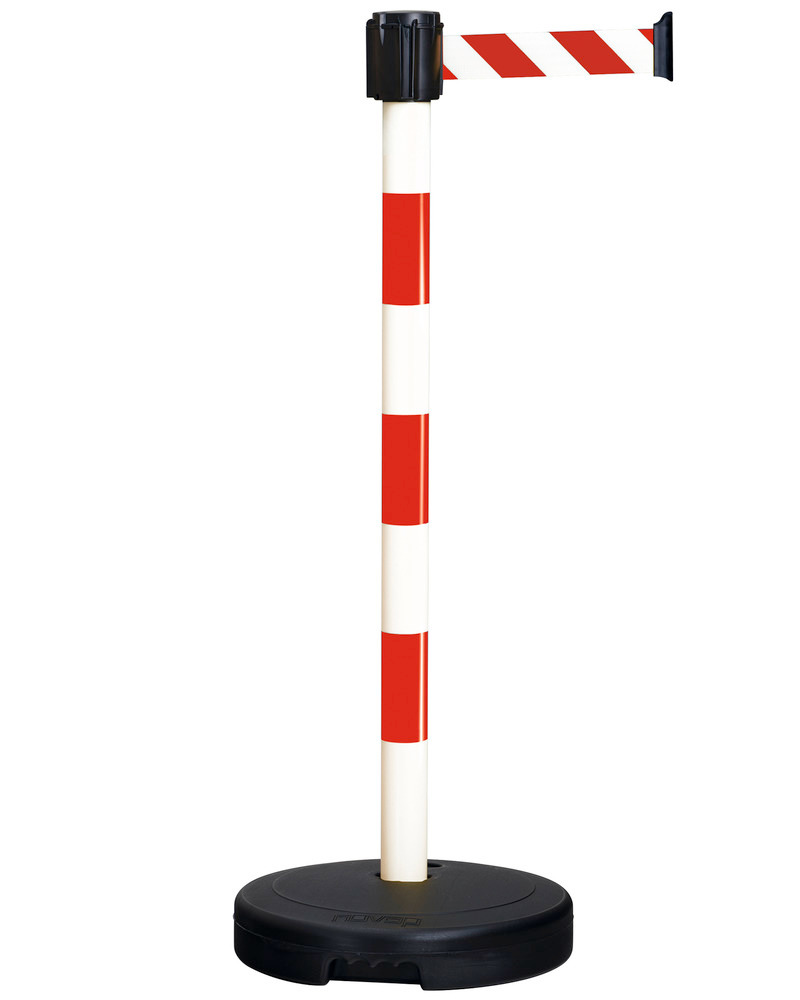 Avspärrningsstolpe med band, bandlängd 3 m, röd/vit, kan användas inom- och utomhus, plast
