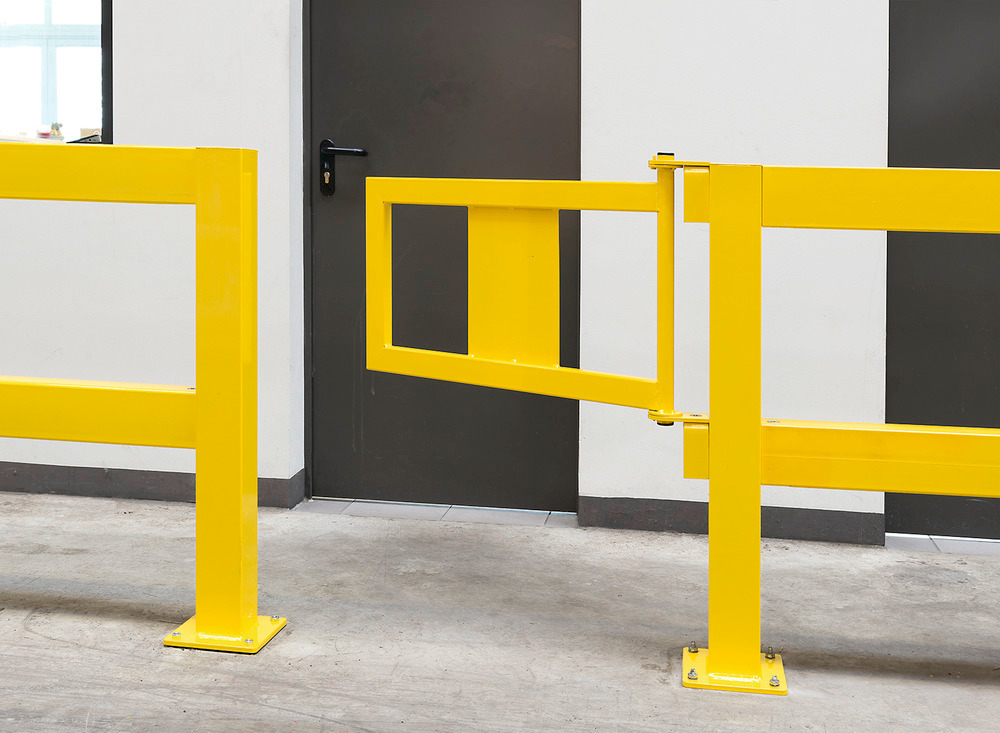 Impact protection railing gate with protective panel, steel, plastic coated in yellow