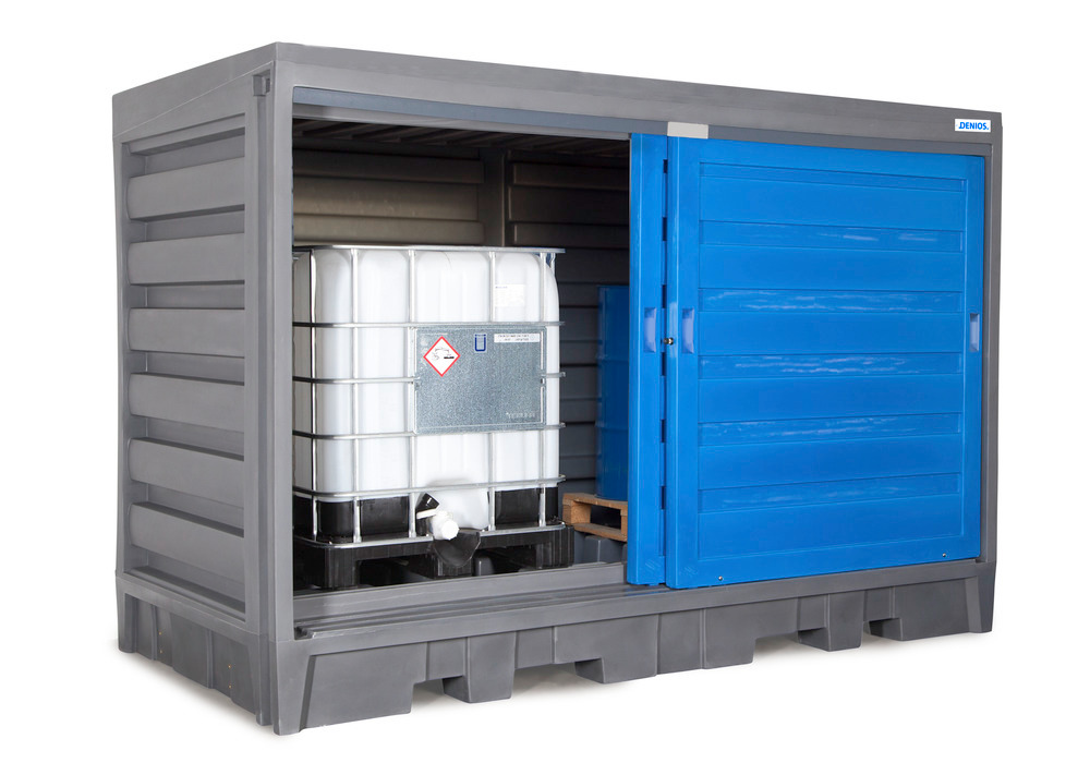 PolySafe hazardous materials depot 2C, with sliding doors, for 8x205 litre drums or 2x1000 litre IBC