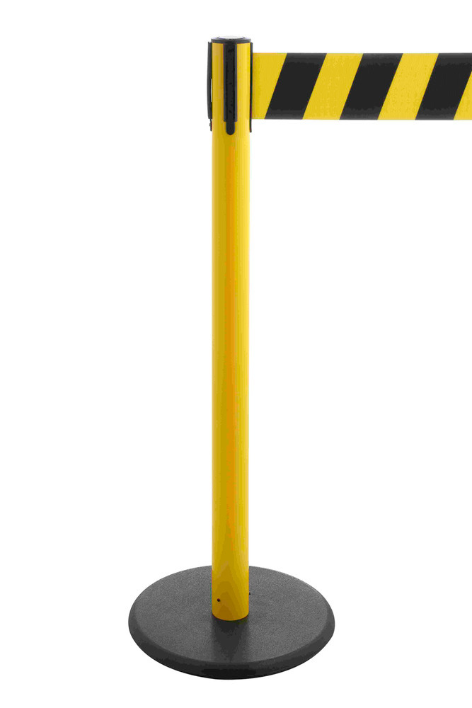 Avsperringssystem Traffico 2.9, gul stolpe, avsperringsbånd sort/gul, uttrekkslengde opp til 3.8 m.