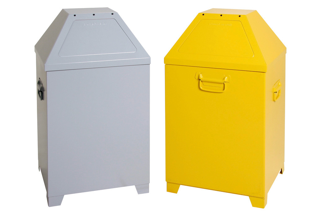 Abfallbehälter AB 100 aus Stahlblech, selbsttätig schließende Klappe, 95 Liter Volumen, gelb