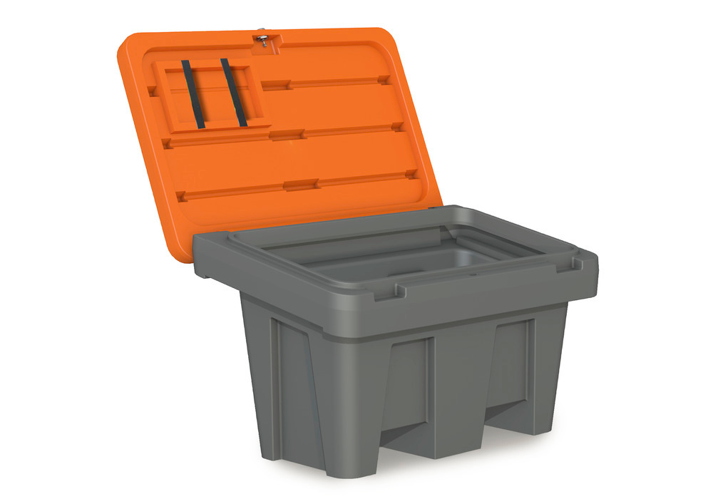 Grit bin Model GB 150 in polyethylene (PE), 150 litre volume, lid in orange