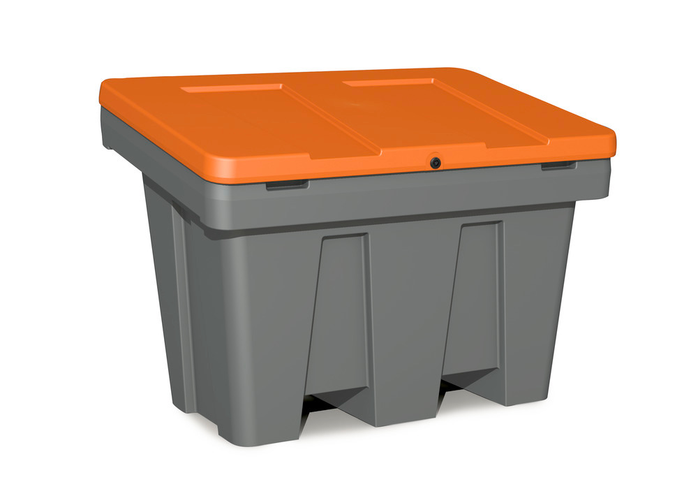 Grit bin Model GB 300 in polyethylene (PE), 300 litre volume, lid in orange
