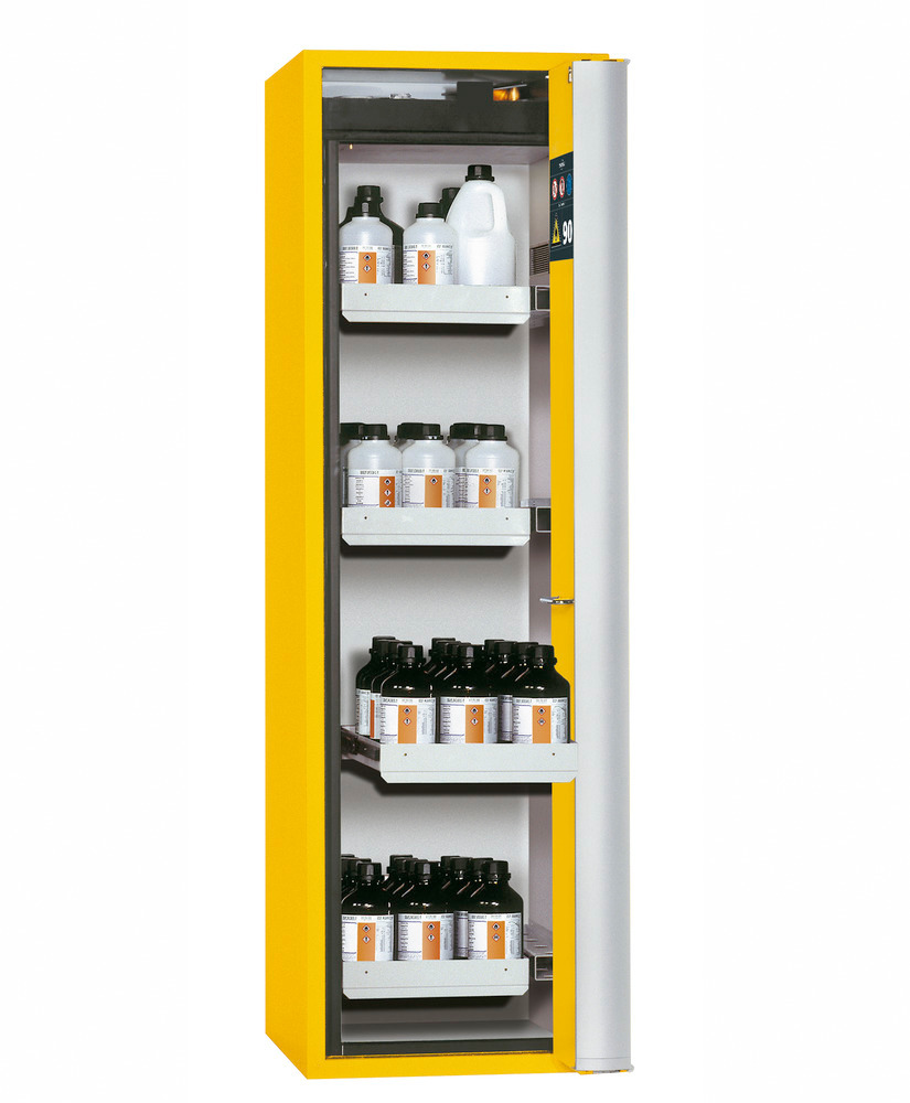 asecos fire-rated hazmat cabinet one touch, 4 slide-out spill trays, door hinged right, yellow