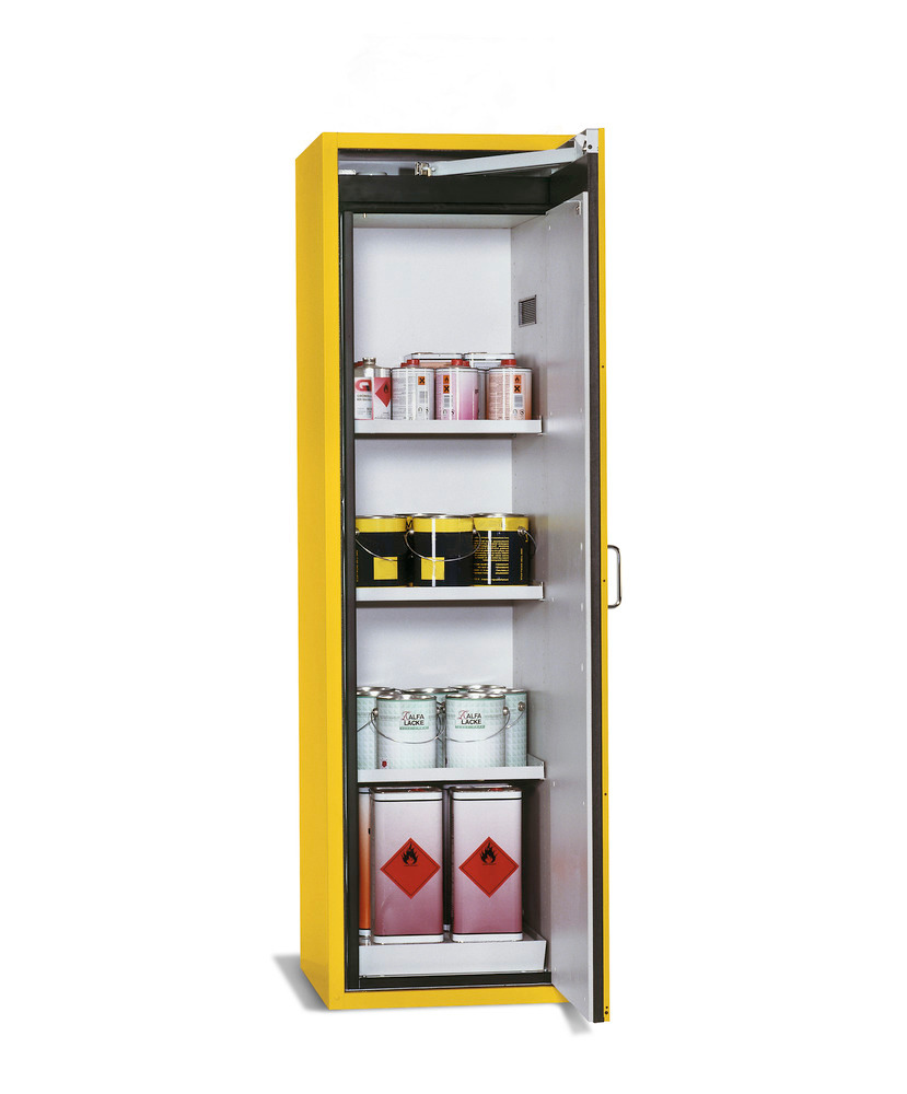 asecos fire-rated hazardous materials cabinet G-601, with 3 shelves, door hinged right, yellow