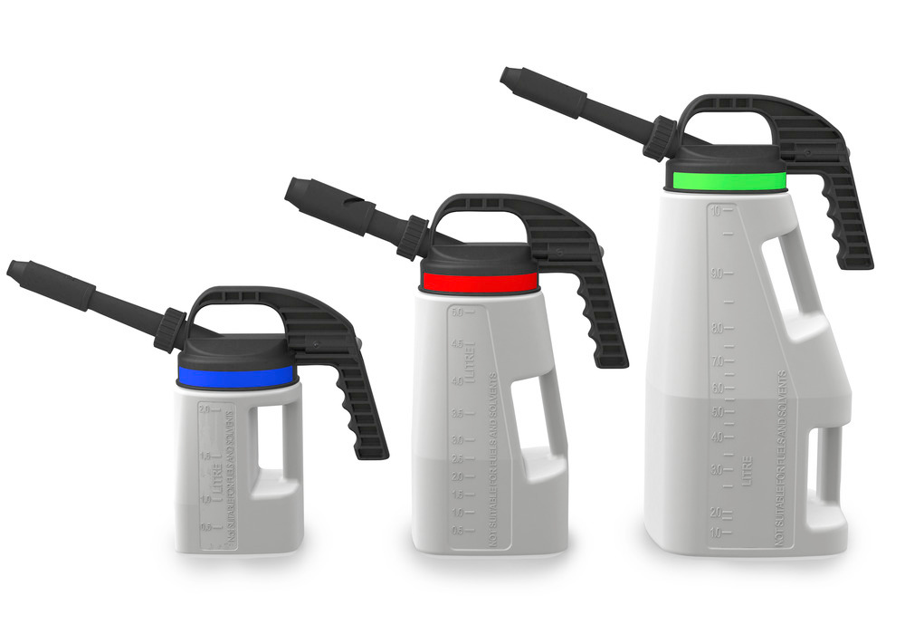 Bidons de dosage LubriFlex avec un volume de 2,5 et 10 litres, avec 18 autocollants en couleur de signalisation pour un étiquetage clair