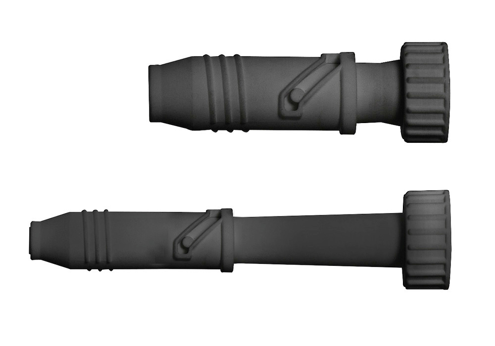 A FAlCON LubriFlex töltőkannák alapfelszereltségként egy felcsavarható hosszú és egy rövid kifolyócsővel vannak felszerelve.