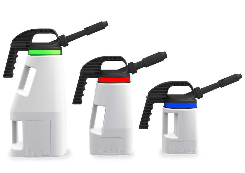 FALCON LubriFlex -täyttökannut, vetoisuudet 10, 5 ja 2 litraa, kukin sisältää 18 tekstitettävää liimakalvoa huomioväreissä selkeää merkintää varten.